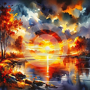 A stunning sunset over a river with the sky ablaze in autumn colors, casting a warm glow on the water. landscape, watercolor