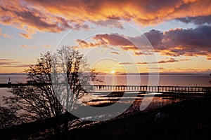 Stunning sunset over Semiahmoo Bay and White Rock pier, BC