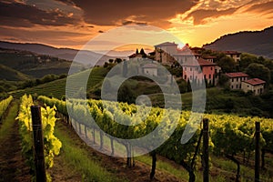 A stunning sunset paints the sky as it sinks behind a picturesque vineyard, with a charming house in the distance, An exquisite