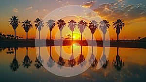 Stunning Sunset With Palm Trees Reflecting in Water