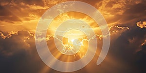 Stunning sunset with rays of sunlight breaking through dramatic clouds