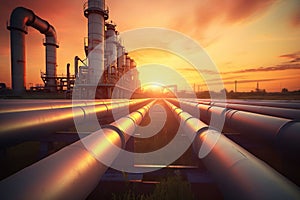 Stunning Sunset Scene Showcasing Pipeline and Pipe Rack in a Petroleum Industrial Plant. Generative AI
