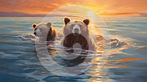 Stunning Sunset: Two Bears Swimming In The Ocean