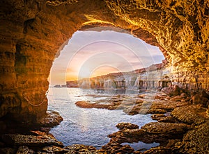 Stunning sunset view of Ayia Napa sea caves in Cyprus photo