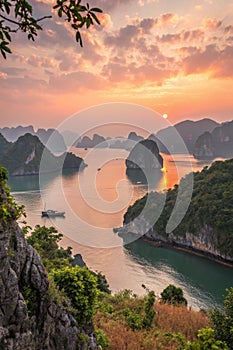 Seascape sunset at Halong Bay photo