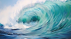 Stunning Surfing Wave in Light Teal & Maroon: Massurrealistic Art with Clear Edge Tilt-Shift & Youthful Energy