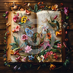 High-Resolution Surreal Book with Cascading Vines, Orchids, and Lilies â Artistic Floral Fantasy photo