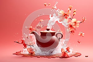 Stunning tea party splash with a red teapot amidst a magical whirl of water