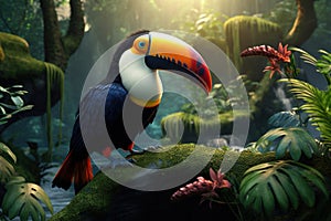 A stunning toucan sits majestically on top of a lush and thriving green forest, Toucan spotted in the jungle, showcasing tropical
