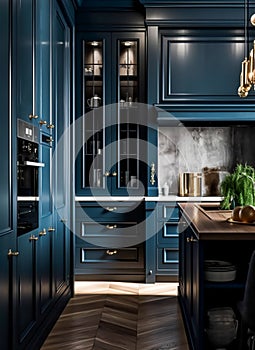 Stunning traditional dark blue luxury kitchen with in-frame cabinets in the english country style. Generative AI