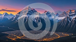 Stunning twilight panoramic view of Bow Valley and town of Banff surrounded by Canadian Rocky mountains