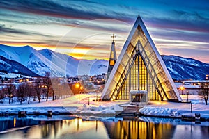 Tromso Arctic Cathedral Church in Norway at Dusk Twilight photo