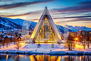 Tromso Arctic Cathedral Church in Norway at Dusk Twilight photo