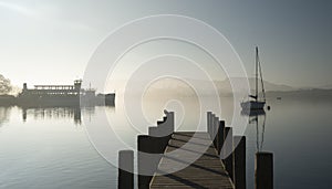 Stunning unplugged fine art landscape image of sailing yacht sitting still in calm lake water in Lake District during peaceful