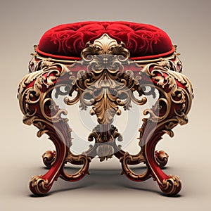 Stunning Velvet Victorian Foot Stool: Photorealistic Red And Gold Zbrush Rendering