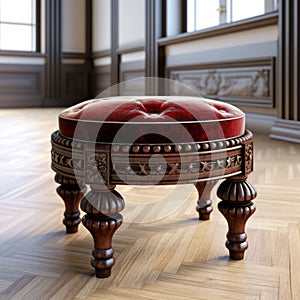 Stunning Velvet Victorian Foot Stool With Red Tufted Upholstery