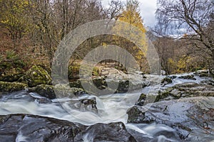 Stunning vibrant landscape image of Aira Force Upper Falls in Lake District during colorful Autumn showing