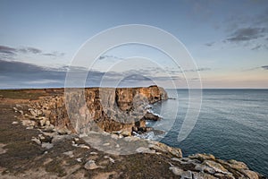 Stunning vibrant landscape image of cliffs around St Govan`s Hea