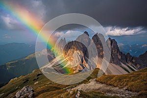 Stunning vibrant rainbow falling over the beautiful Dolomites