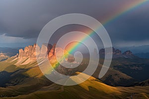 Stunning vibrant rainbow falling over the beautiful Dolomites