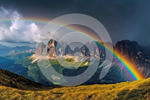 Stunning vibrant rainbow falling over the beautiful Dolomites