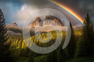 Stunning vibrant rainbow falling over the beautiful Dolomites