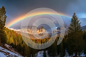 Stunning vibrant rainbow falling over the beautiful Dolomites