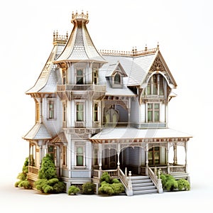 Hyperrealistic Victorian House Model With Intricate Woodcarvings photo
