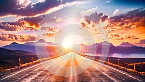 A stunning Video of a long road disappearing into the sunset, creating a captivating and serene scene, An open road that