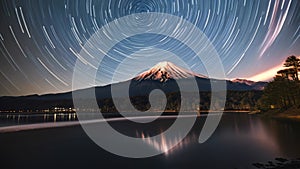 A stunning Video of a mountain with a captivating star trail streaking across the sky, Starry night sky over Mt Fuji, Japan