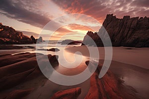 A stunning view of Adraga Beach, located in Portugal, photographed during a colorful sunset