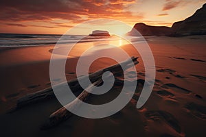 A stunning view of Adraga Beach, located in Portugal, photographed during a colorful sunset