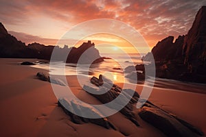 A stunning view of Adraga Beach, located in Portugal, photographed during a colorful sunset