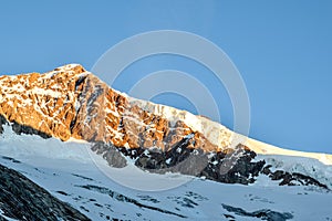 Stunning view of Aletschhorn 4193 m mountain in the Bernese Alps in Switzerland, Europe shortly after sunrise.