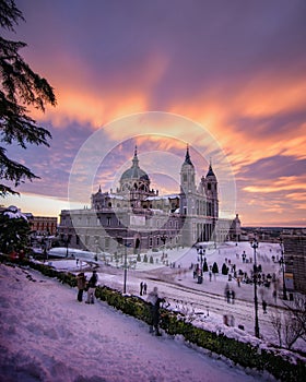 Stunning view of The Almudena Cathedral at sunset