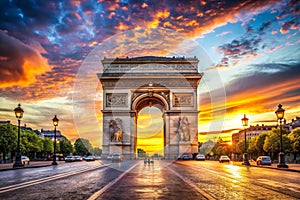 Arc de Triomphe at Night with Sunset Over Place de l\'Etoile, Paris photo