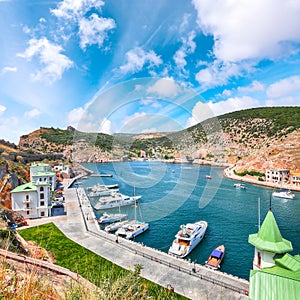 Stunning view of Balaklava bay with yachts from the Genoese fortress Chembalo in Sevastopol city