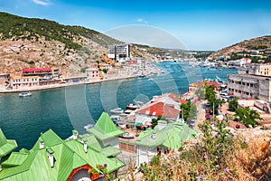 Stunning view of Balaklava bay with yachts from the Genoese fortress Chembalo in Sevastopol city