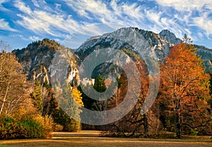 Stunning view of Bavarian Alps with picturesque sky and colorful trees at autumn sunny day, Germany