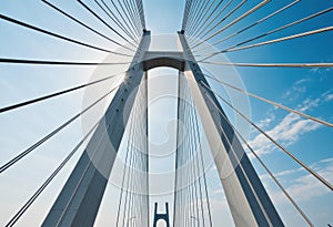 Stunning view of a cable-stayed bridge against a clear blue sky