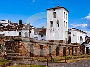 Stunning view of Chinchero old town, with inca stone walls and colonial white houses, sacred valley near Cusco, Peru
