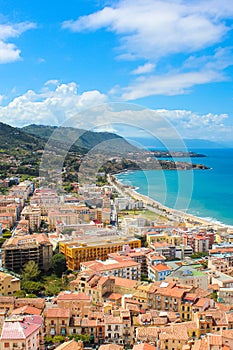 Stunning view of coastal city Cefalu in Sicily, Italy captured on a vertical picture. The city on Tyrrhenian coast