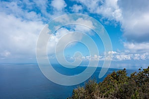 Stunning view down to the sea and the surrounding area from top of the mountain in Ereikoussa island, Greece