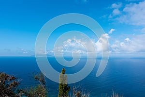 Stunning view down to the sea and the surrounding area from top of the mountain in Ereikoussa island, Greece