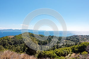 Stunning view down to the sea and the surrounding area from top of the mountain in Mathraki island, Greece