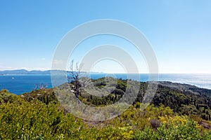 Stunning view down to the sea and the surrounding area from top of the mountain in Mathraki island, Greece