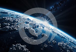 Stunning view of Earth from space with clouds and sunlight breaking through