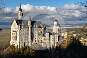 Stunning view of the famous Neuschwanstein Castle at sunset in winter