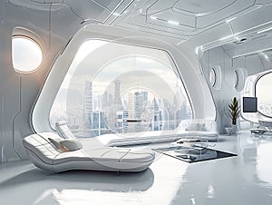 A stunning view of a futuristic city from a modern living room with large windows