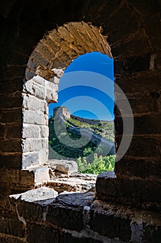 Stunning view of the Great Wall of China seen through a stone window